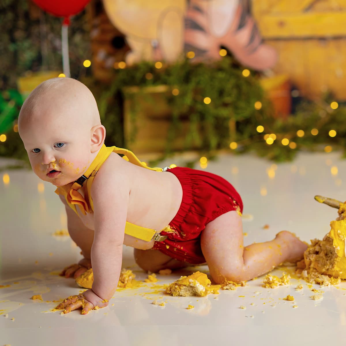 Winnie the Pooh Cake Smash. A toddler is crawling beside a smashed cake