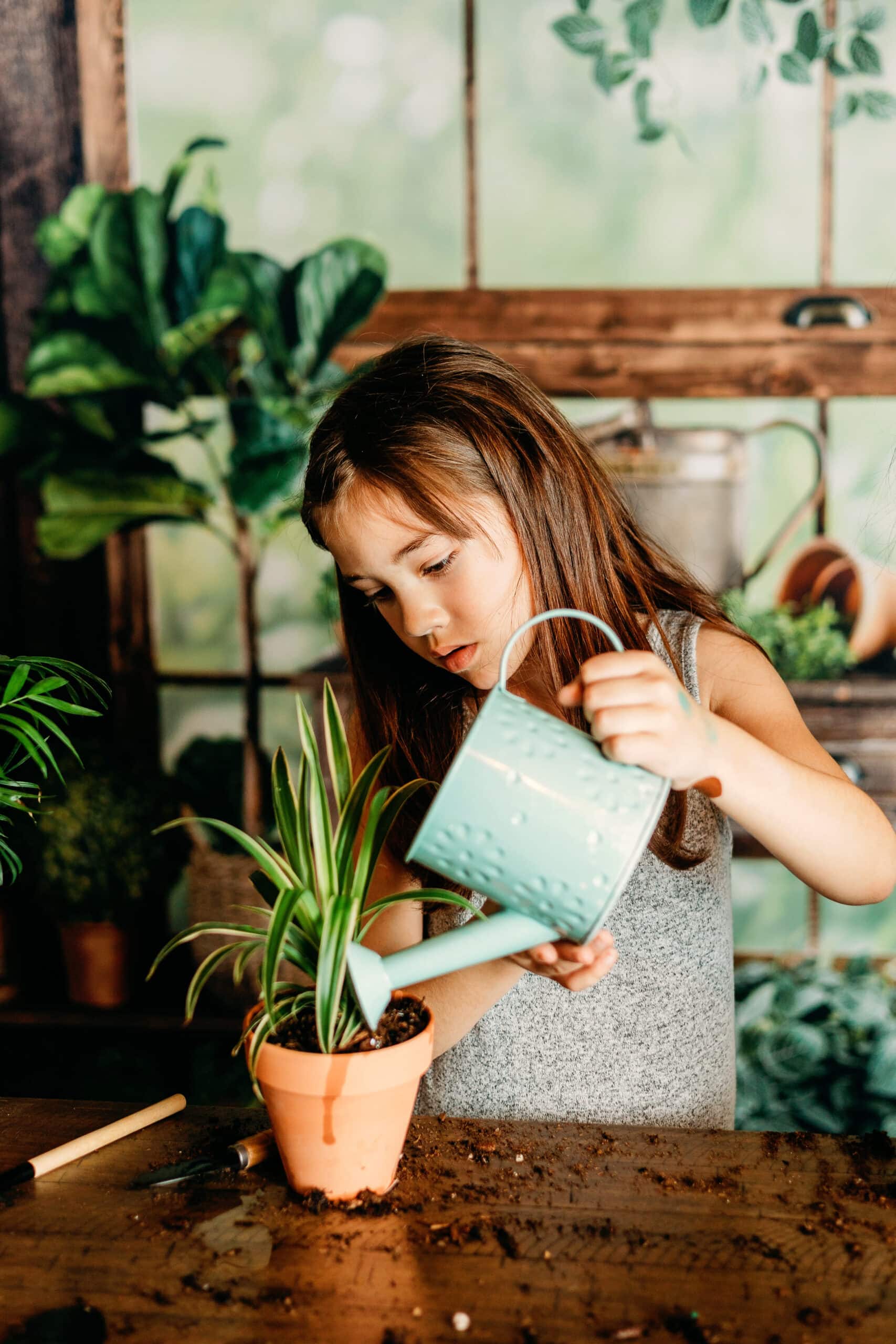 Spring Mini Sessions: A young girl waters a house plant